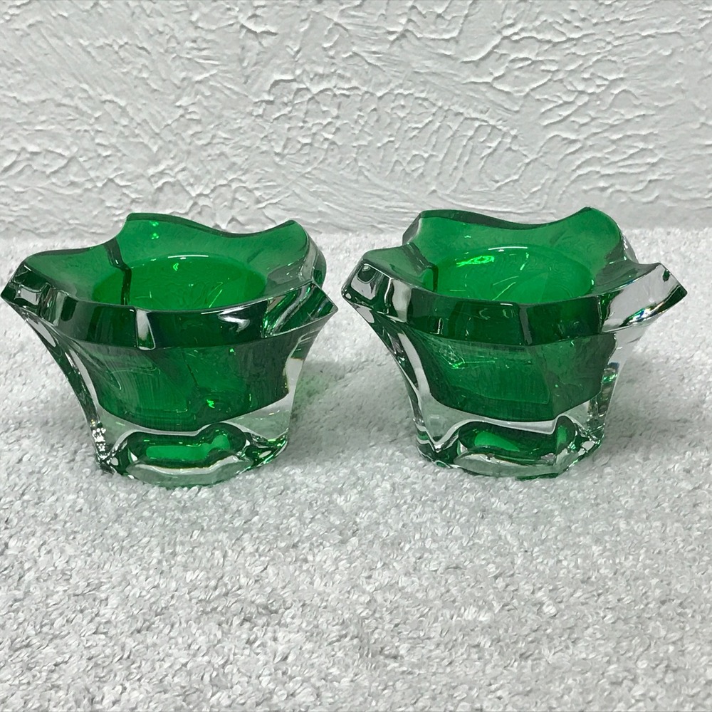 Set Of 2 Green Mikasa Pacific Wave‎ Lead Crystal Votive Candle Holders 2 3/4"